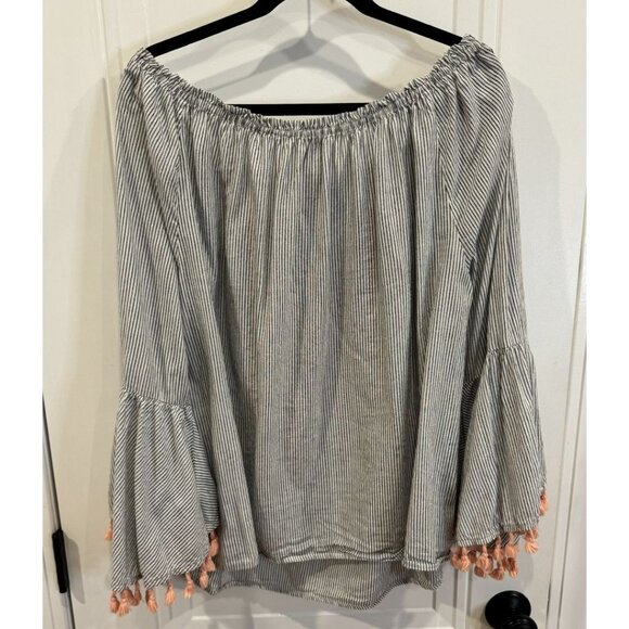 Andree by Unit 2xl Peasant Top Black White Stripes Fringe Pink Floral Embroidery - Picture 2 of 6